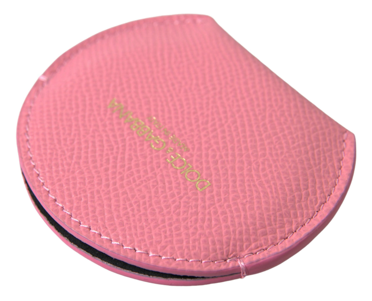 Pink Calfskin Leather Round Logo Print Hand Mirror Holder