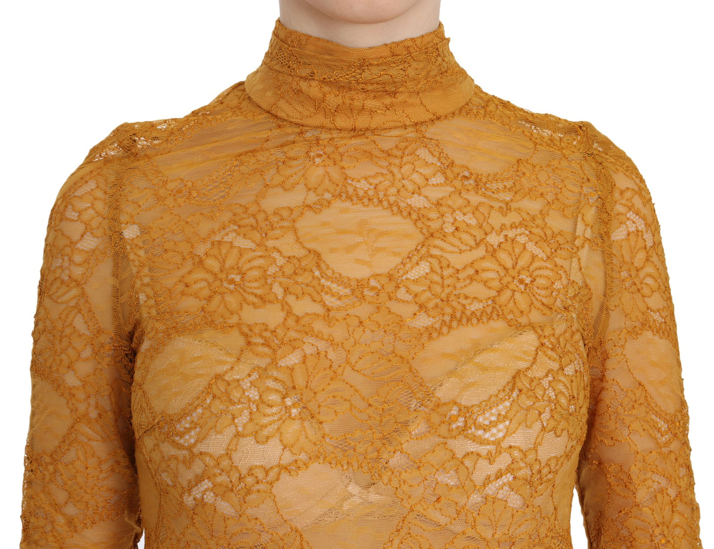 Mustard Turtle Neck Long Sleeve Lace Top Blouse