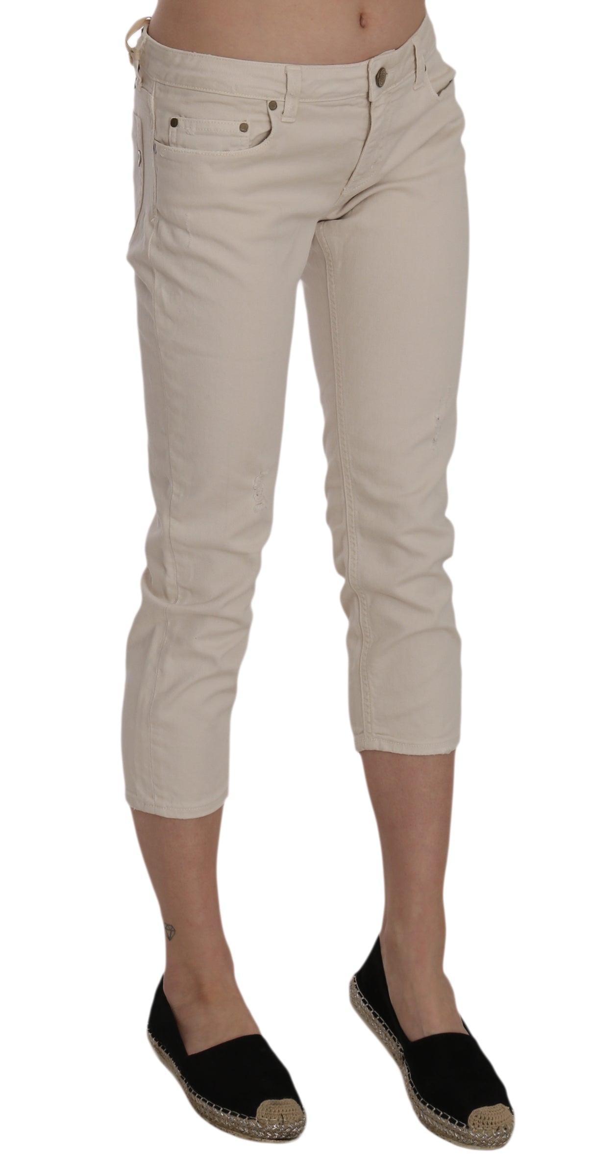 Beige Low Waist Skinny Cropped Capri Pants