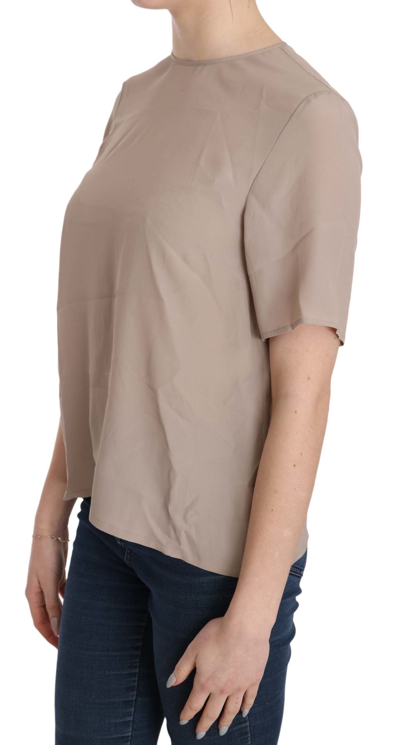 Elegant Beige Silk Blend Crew Neck Blouse