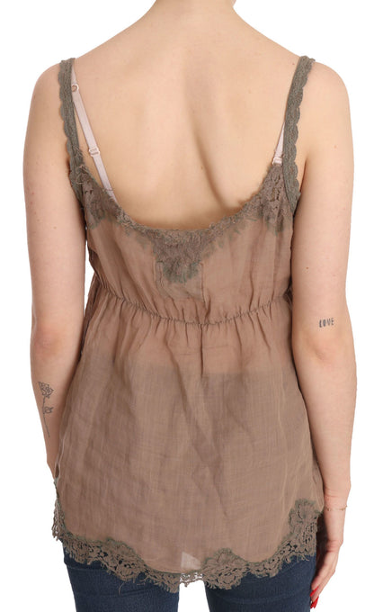 Brown Lace Spaghetti Strap Plunging Top Blouse