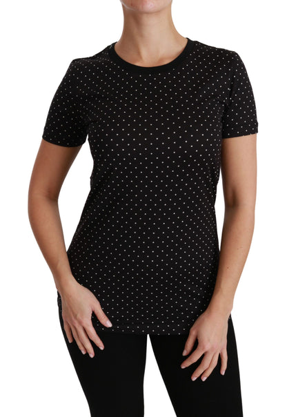 Chic Black Dotted Crewneck Cotton Tee