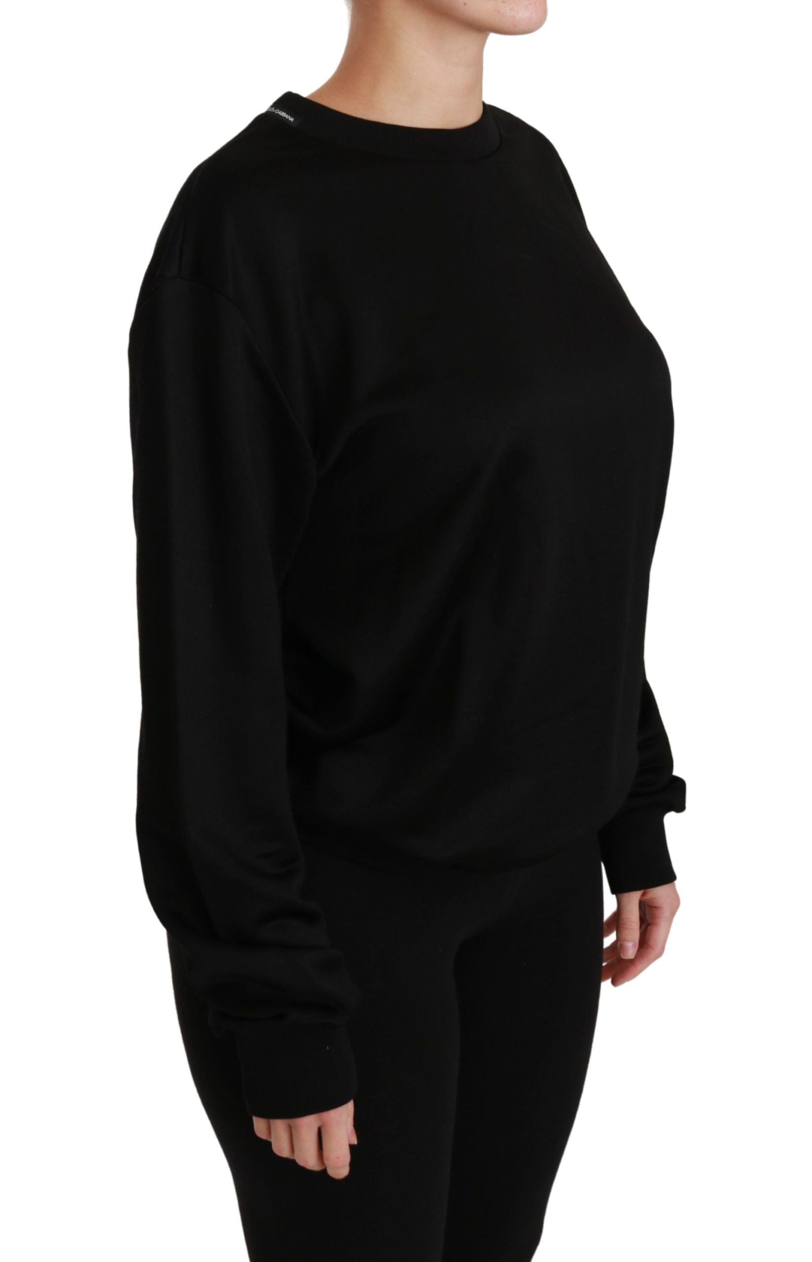 Elegant Black Cotton Crew Neck Pullover Sweater