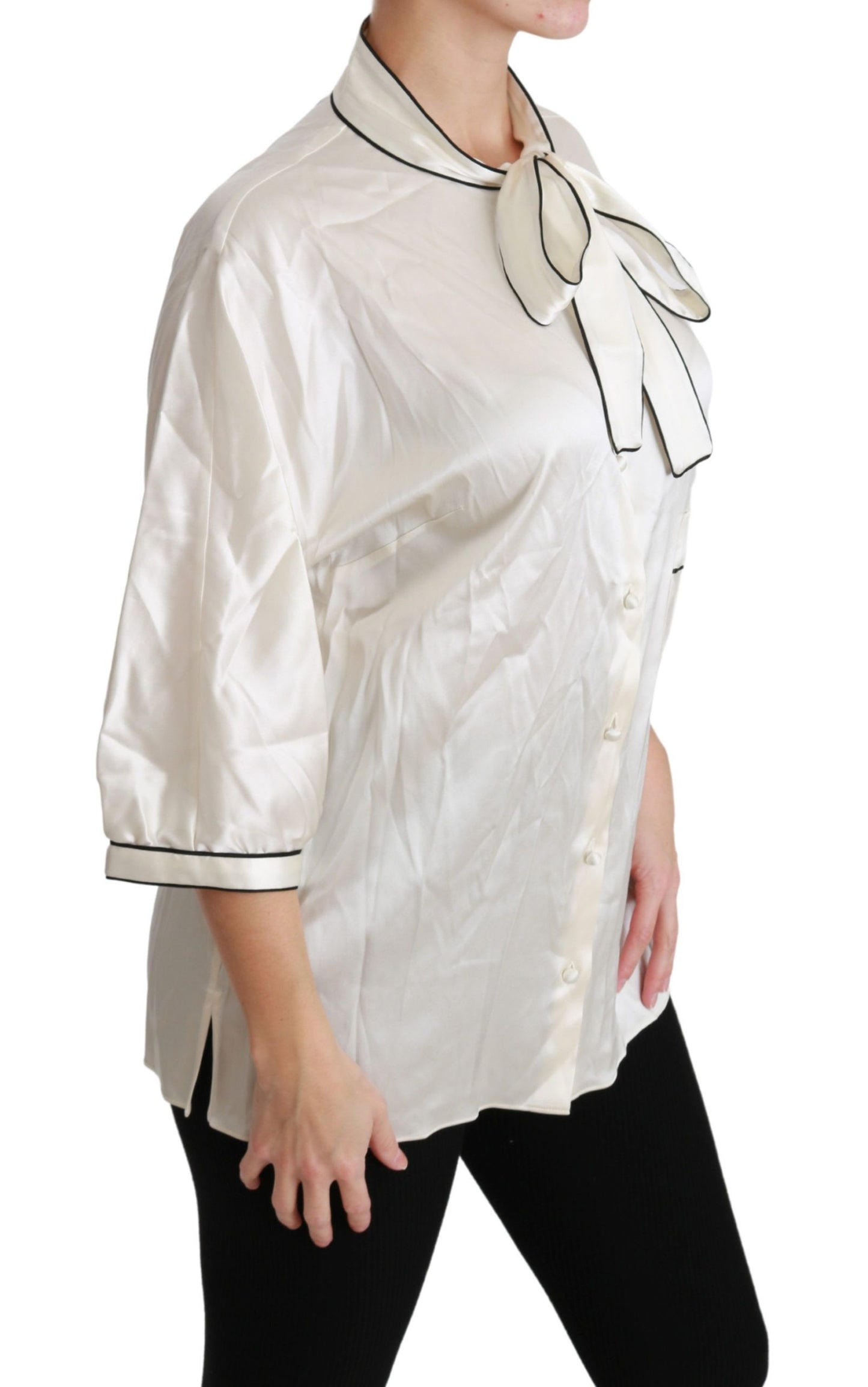 Elegant Beige Silk Blouse with Bow Scarf