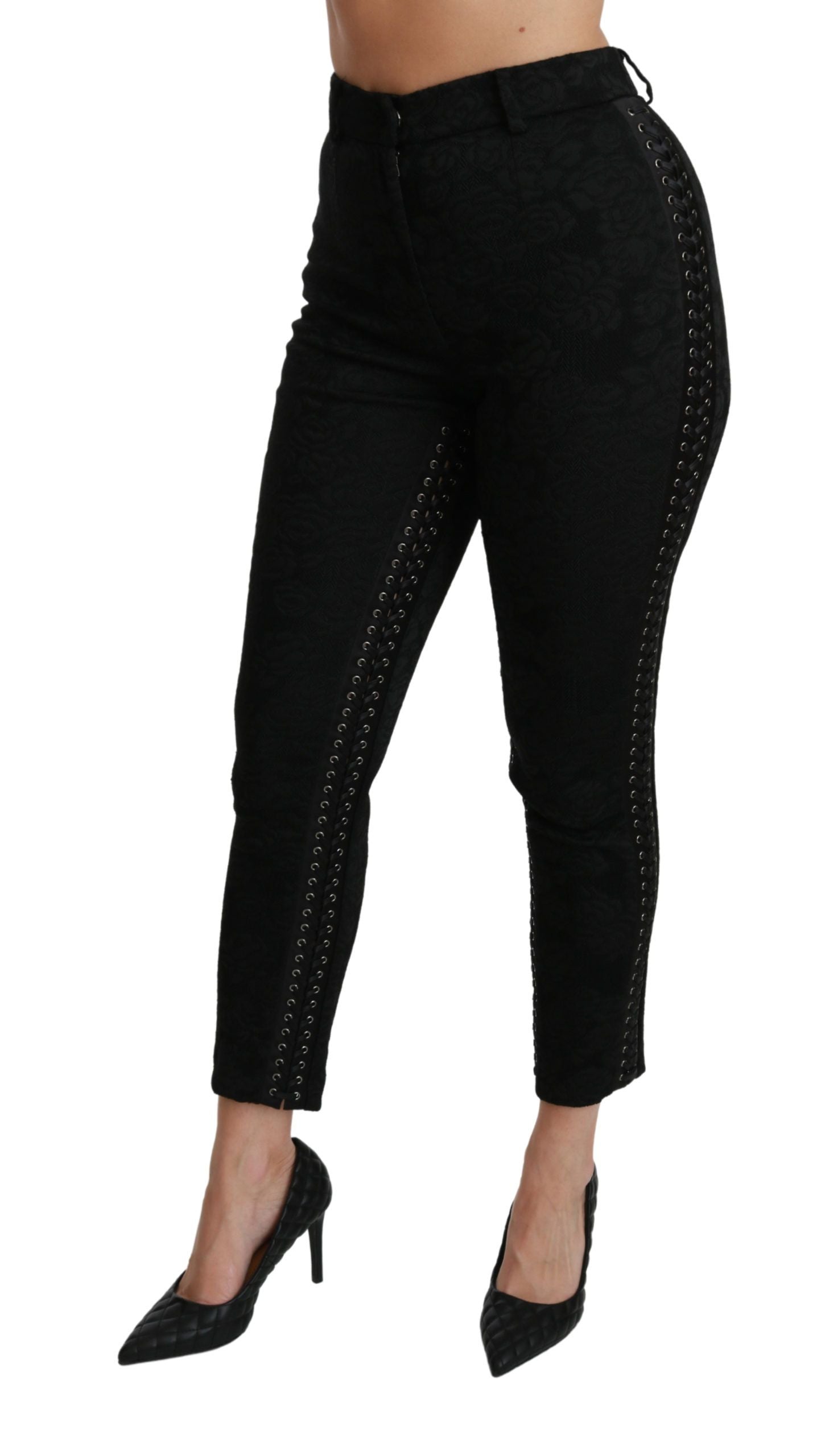 Elegant High Waist Skinny Black Brocade Pants