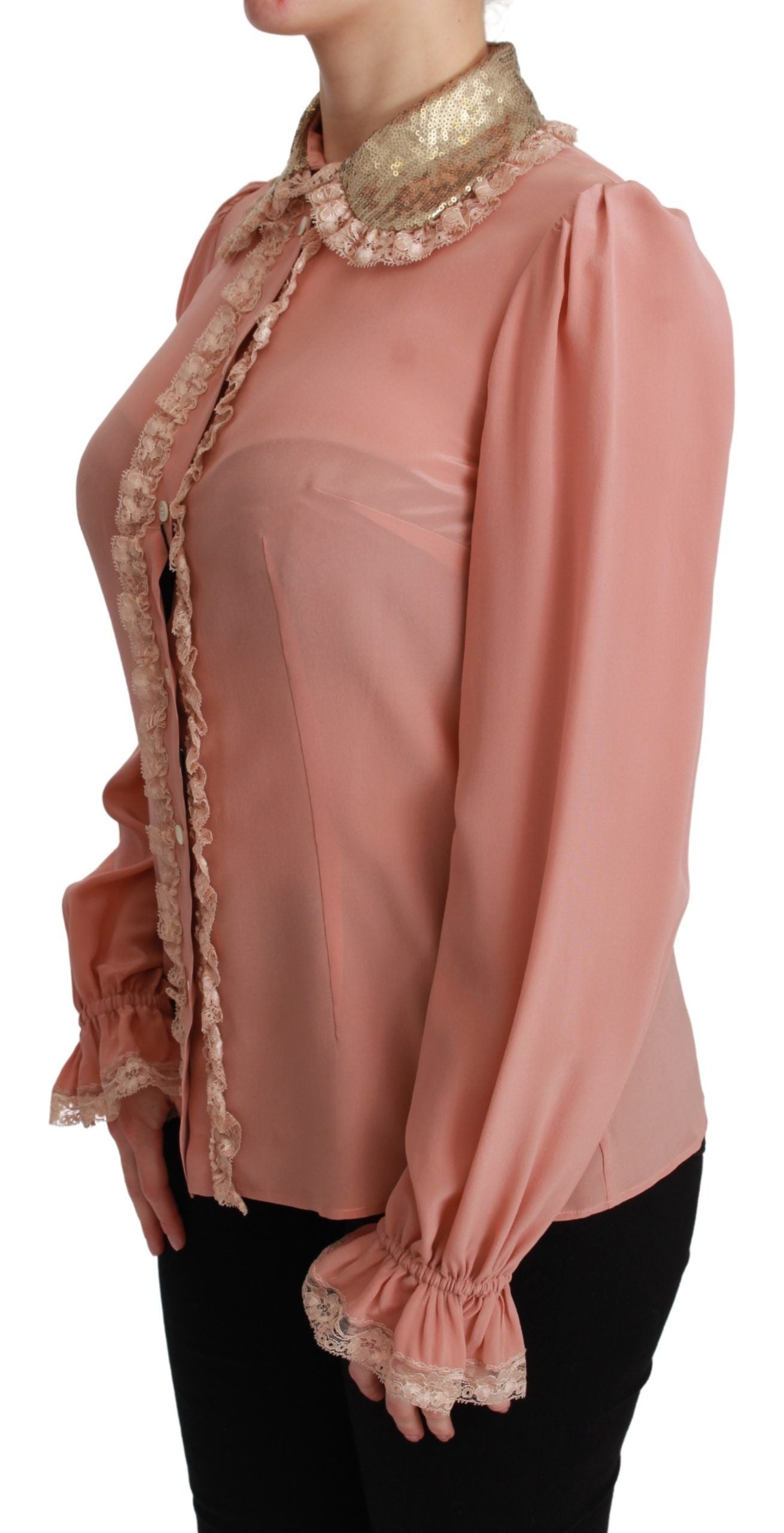 Elegant Pink Lace Silk Blouse with Gold Sequins