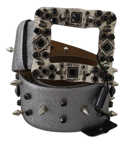 Stunning Silver Leather Crystal-Studded Belt