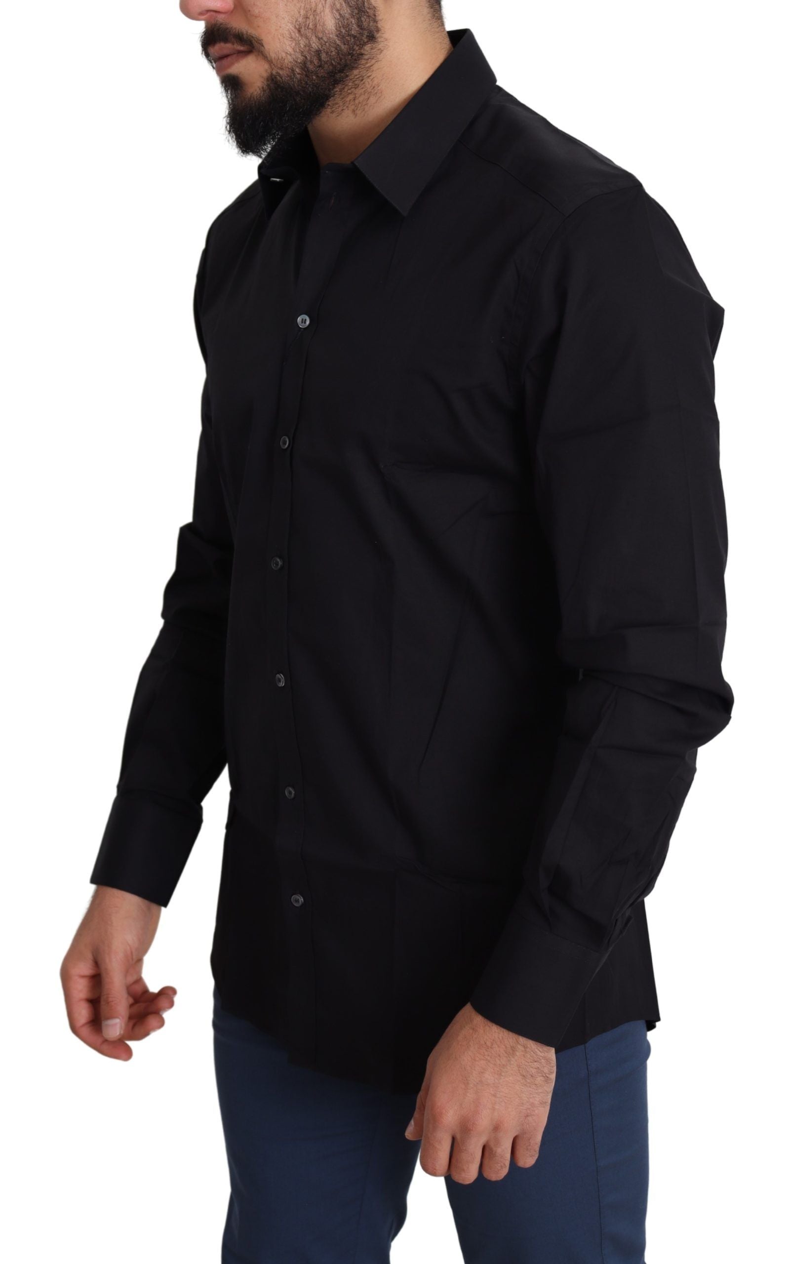 Elegant Black Cotton Stretch Dress Shirt