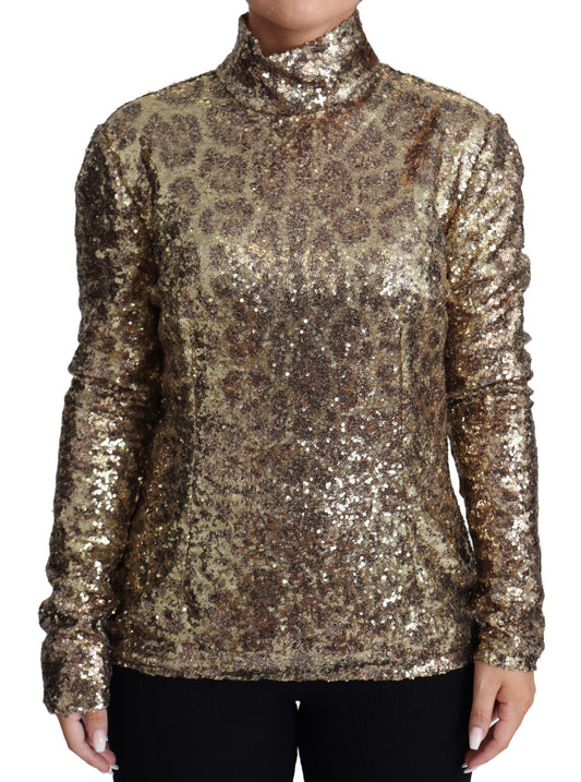 Sequined Turtleneck Full Zip Sweater in Brown