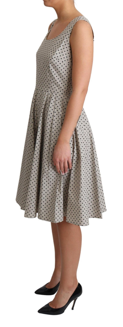 Polka-Dotted Beige Sleeveless A-line Dress