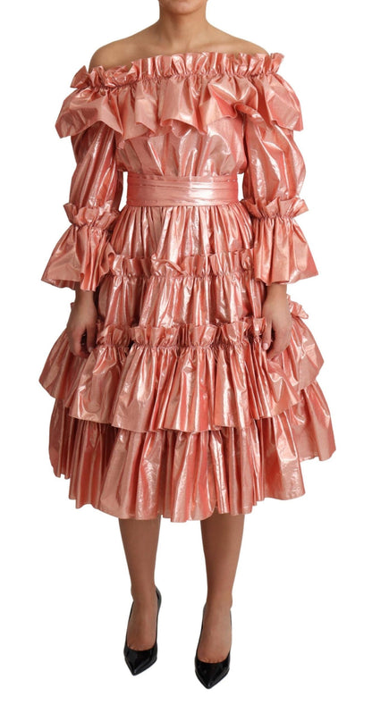 Pink Metallic Ruffled Gown Elegance