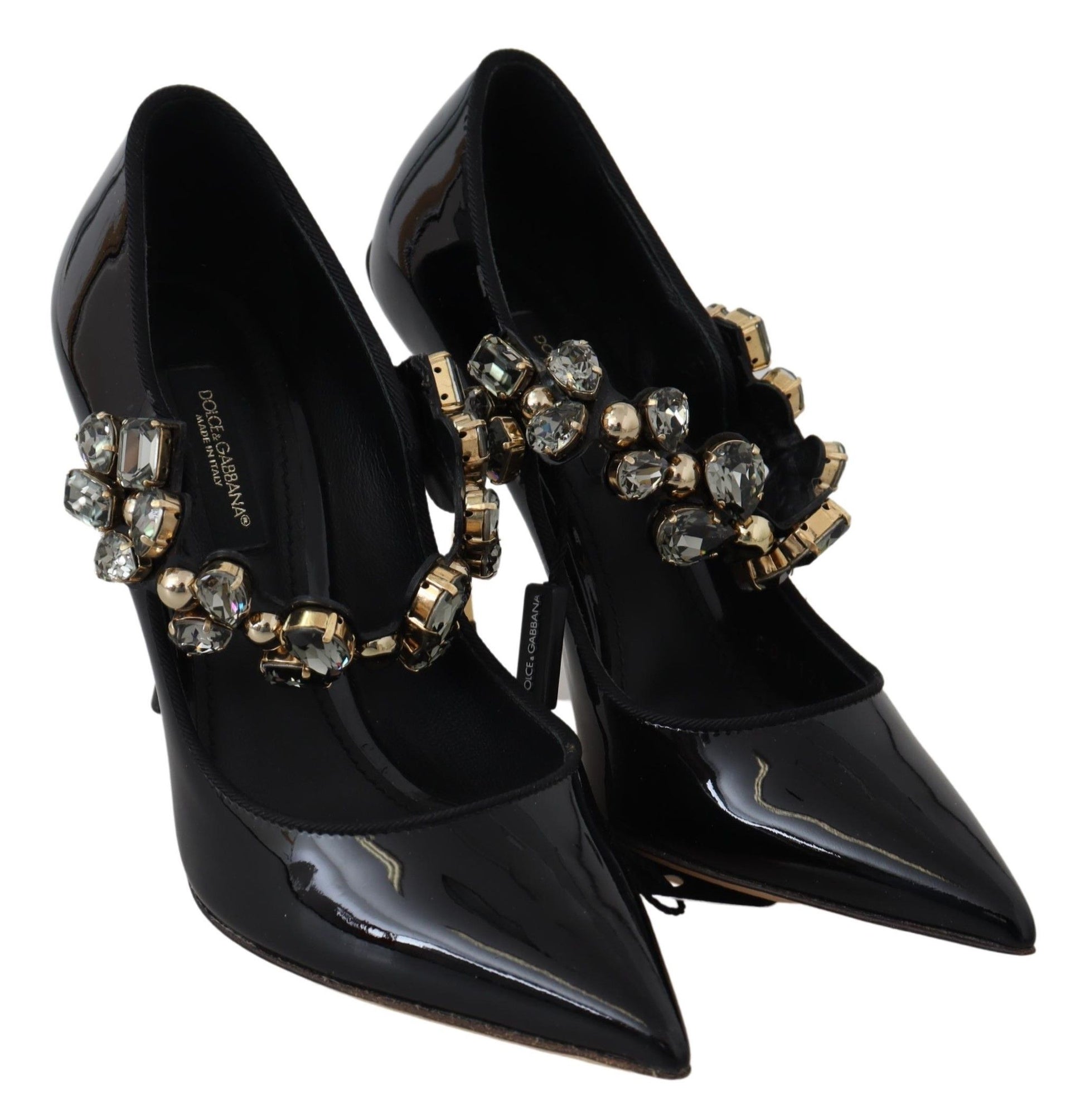 Elegant Black Leather Crystal Pumps