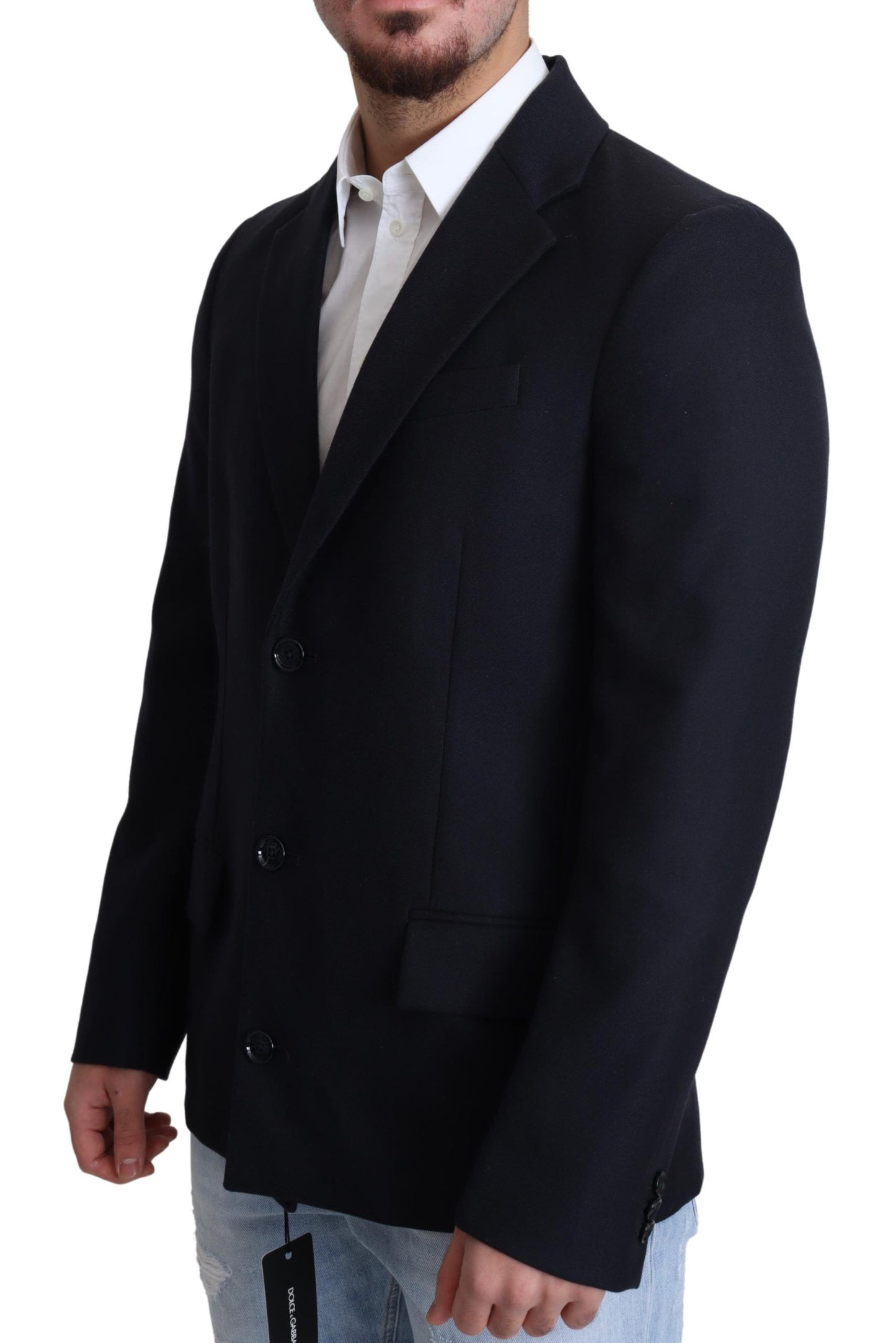 Elegant Dark Blue Virgin Wool Men's Coat