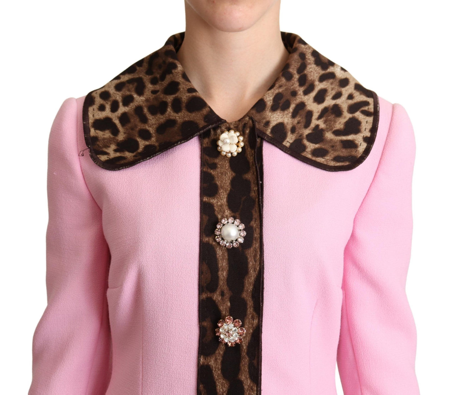 Chic Pink Leopard Trench with Crystal Buttons