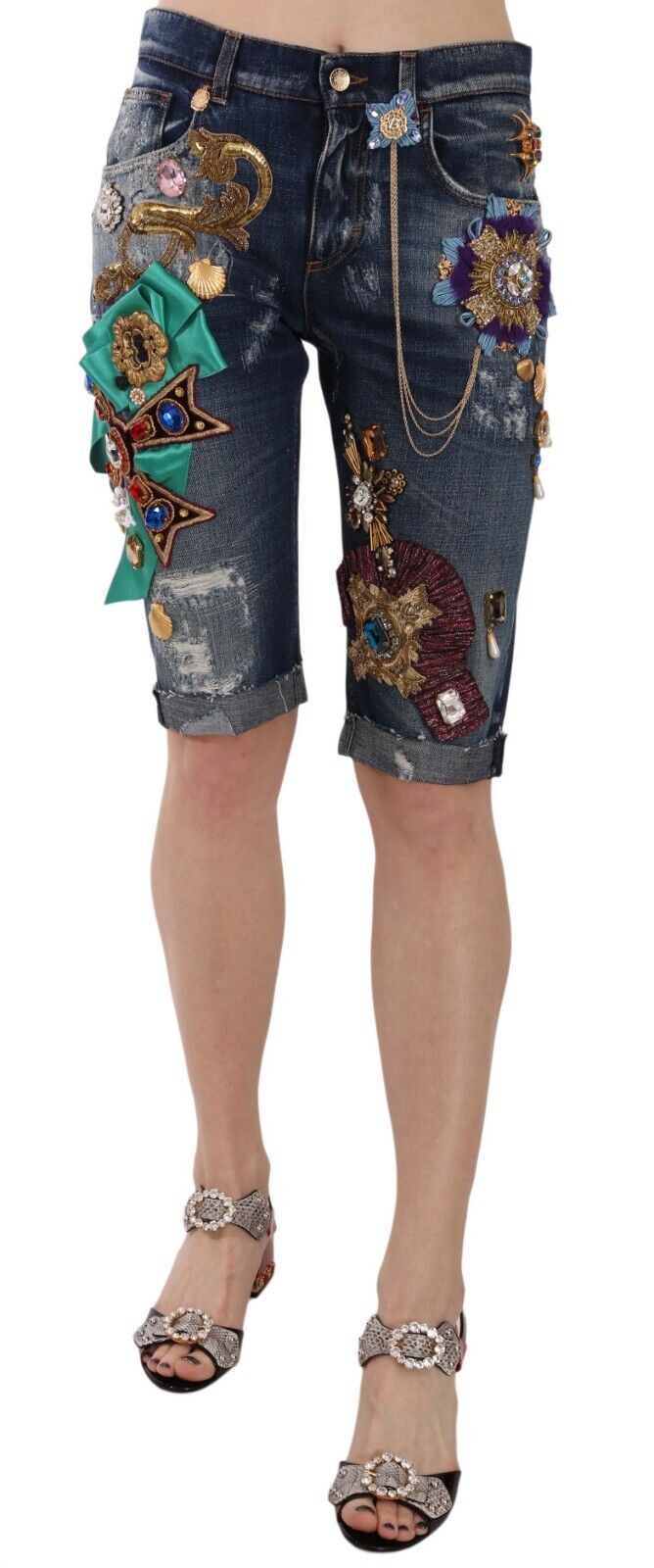 Elegant Knee-Length Embellished Denim Shorts