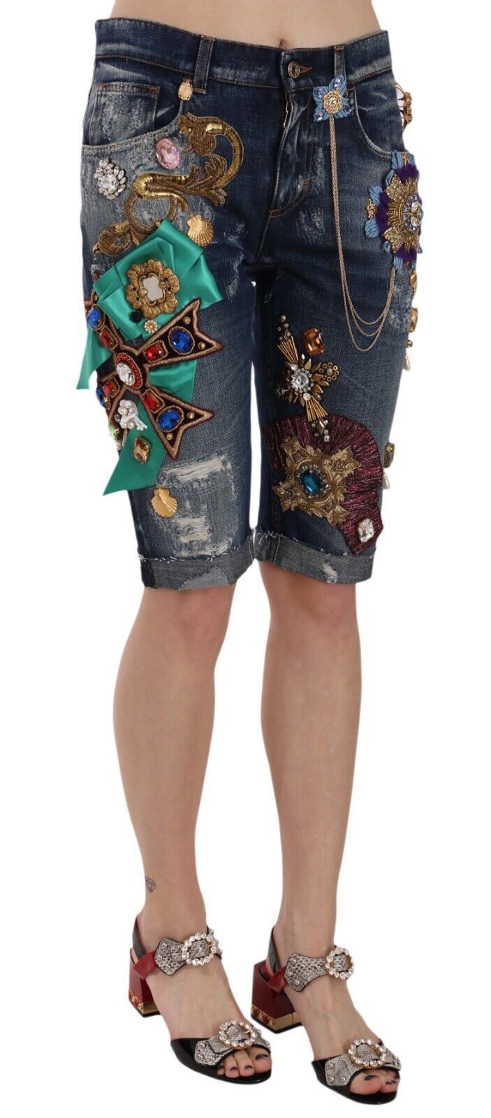 Elegant Knee-Length Embellished Denim Shorts