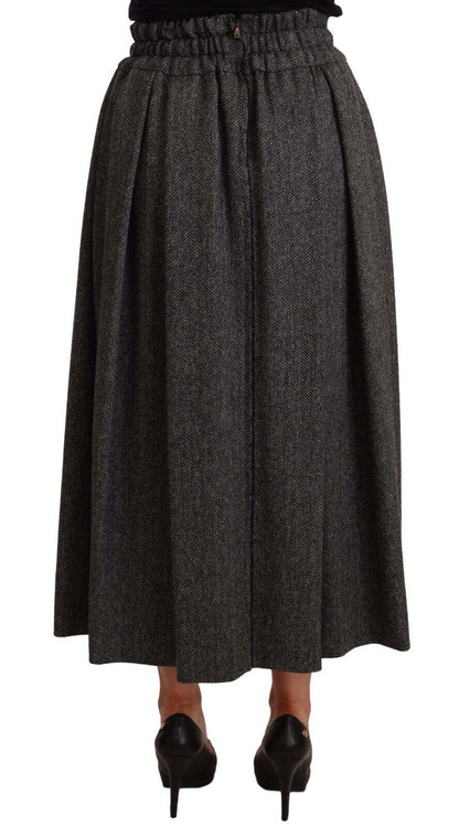 Elegant A-Line Midi Wool Skirt in Gray Zigzag