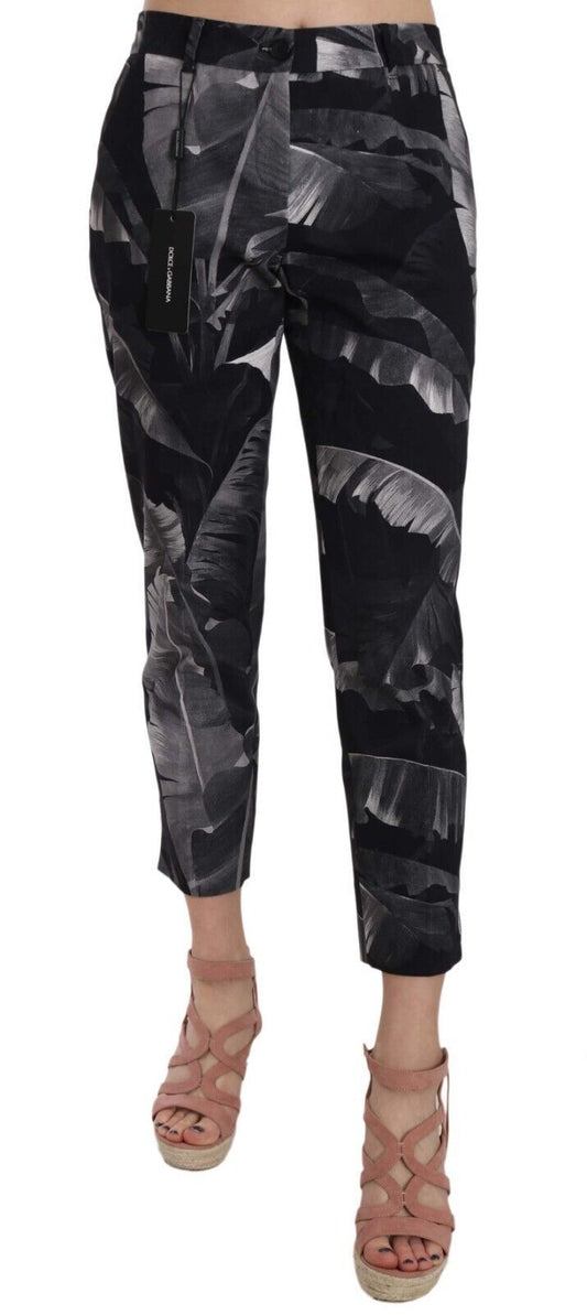 Elegant Black Banana Leaf Print Capri Pants