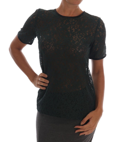 Dark Green Floral Lace Short Sleeve Blouse