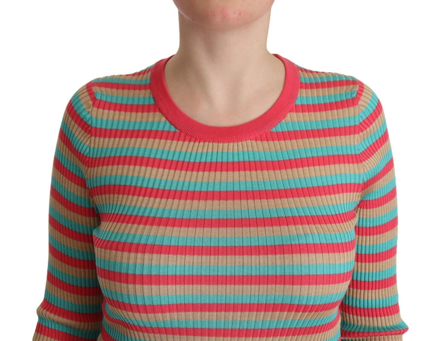 Elegant Striped Silk Crew Neck Pullover