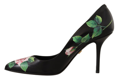 Elegant Black Rose Print Leather Heels