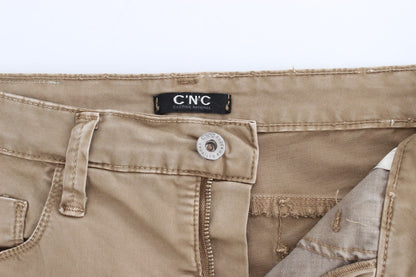 Beige Straight Leg Denim Pants Stretch Jeans