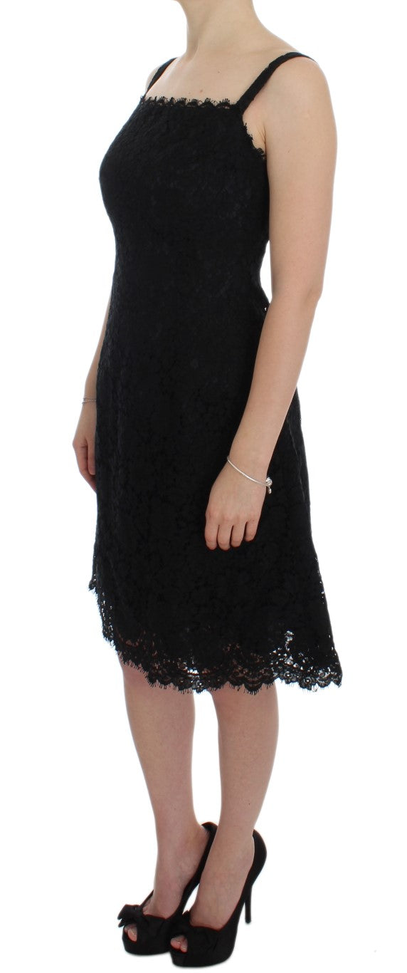 Elegant Black Floral Lace Knee-Length Dress