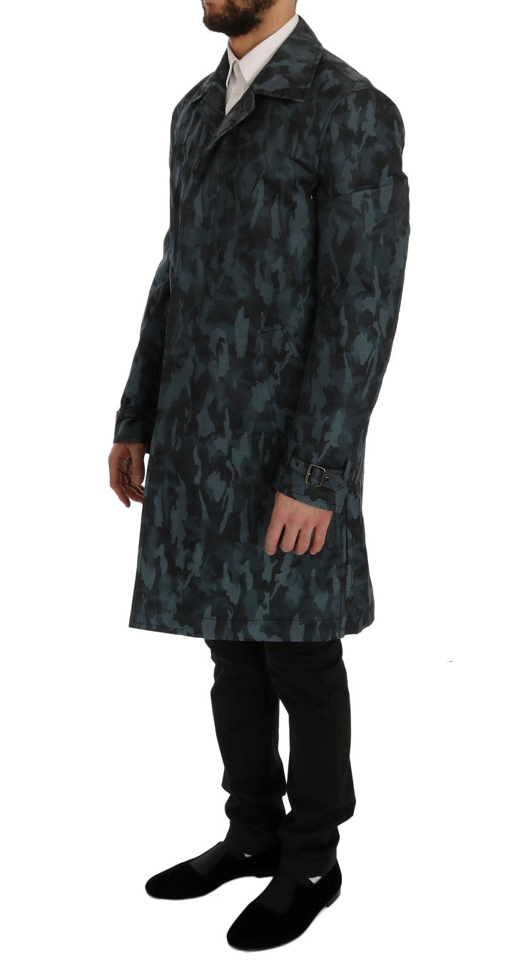 Blue Camouflage Trench Coat Elegance