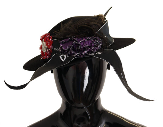 Black Lapil Crystal Heart Feather Brooch Fedora Hat