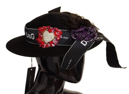 Black Lapil Crystal Heart Feather Brooch Fedora Hat