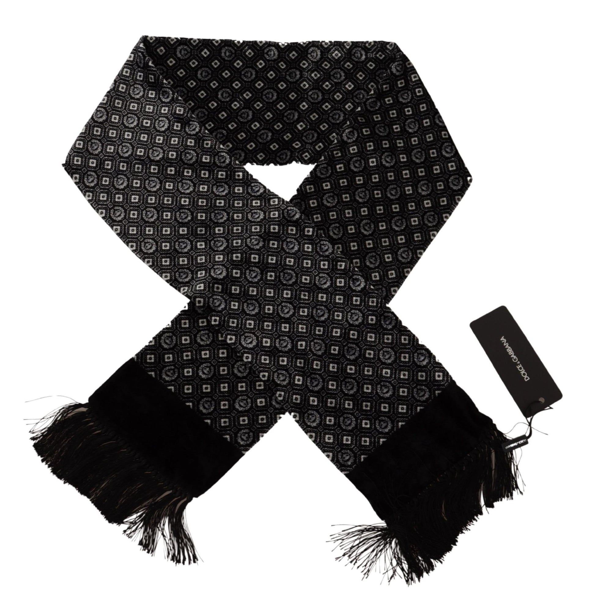 Elegant Black Geometric Silk Blend Scarf