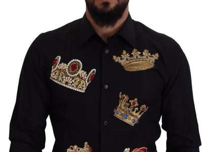 Elegant Black Slim Fit Dress Shirt with Crown Embroidery