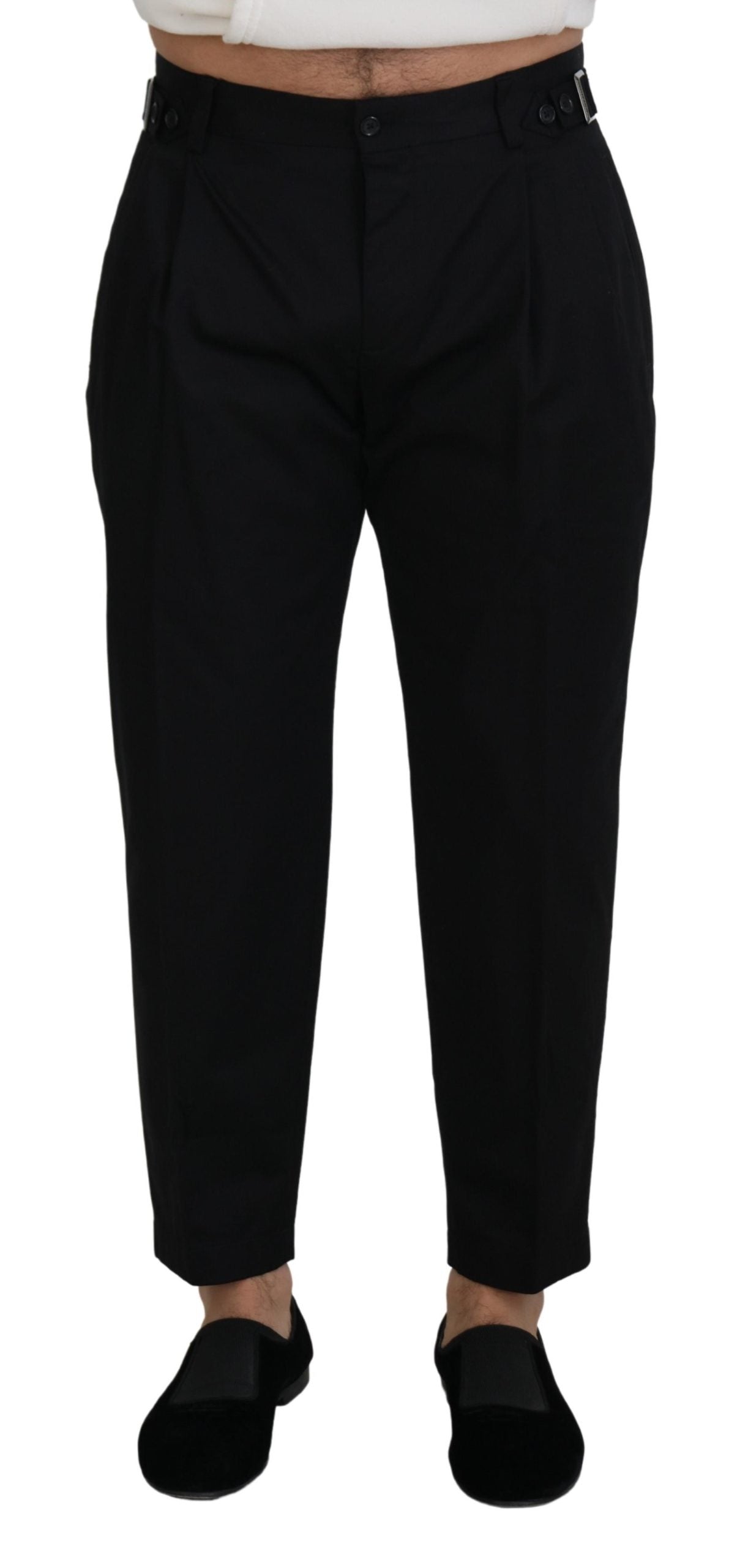 Sleek Black Italian Designer Pants with Side Buckle