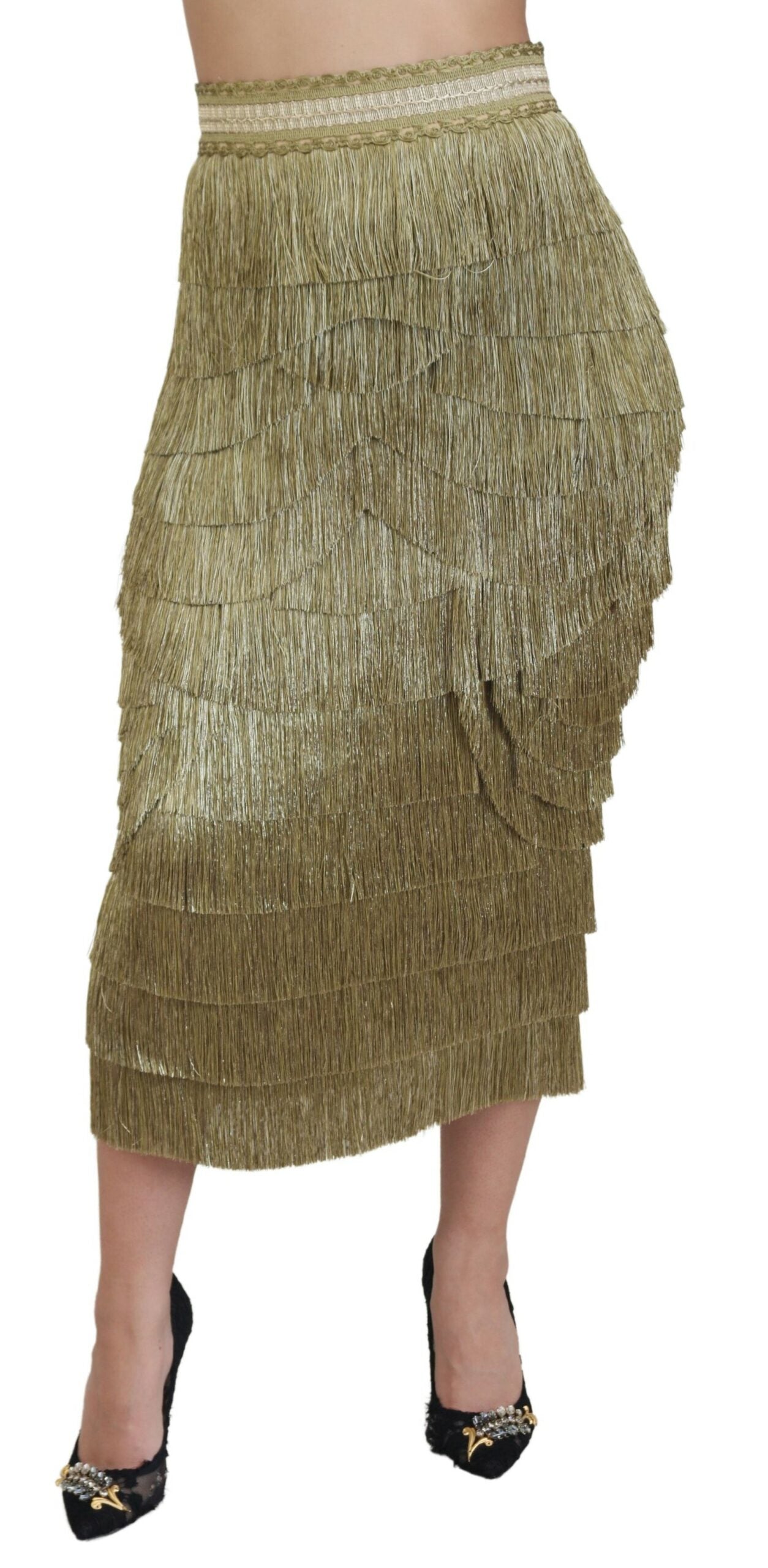 Golden High Waist Tiered Midi Skirt