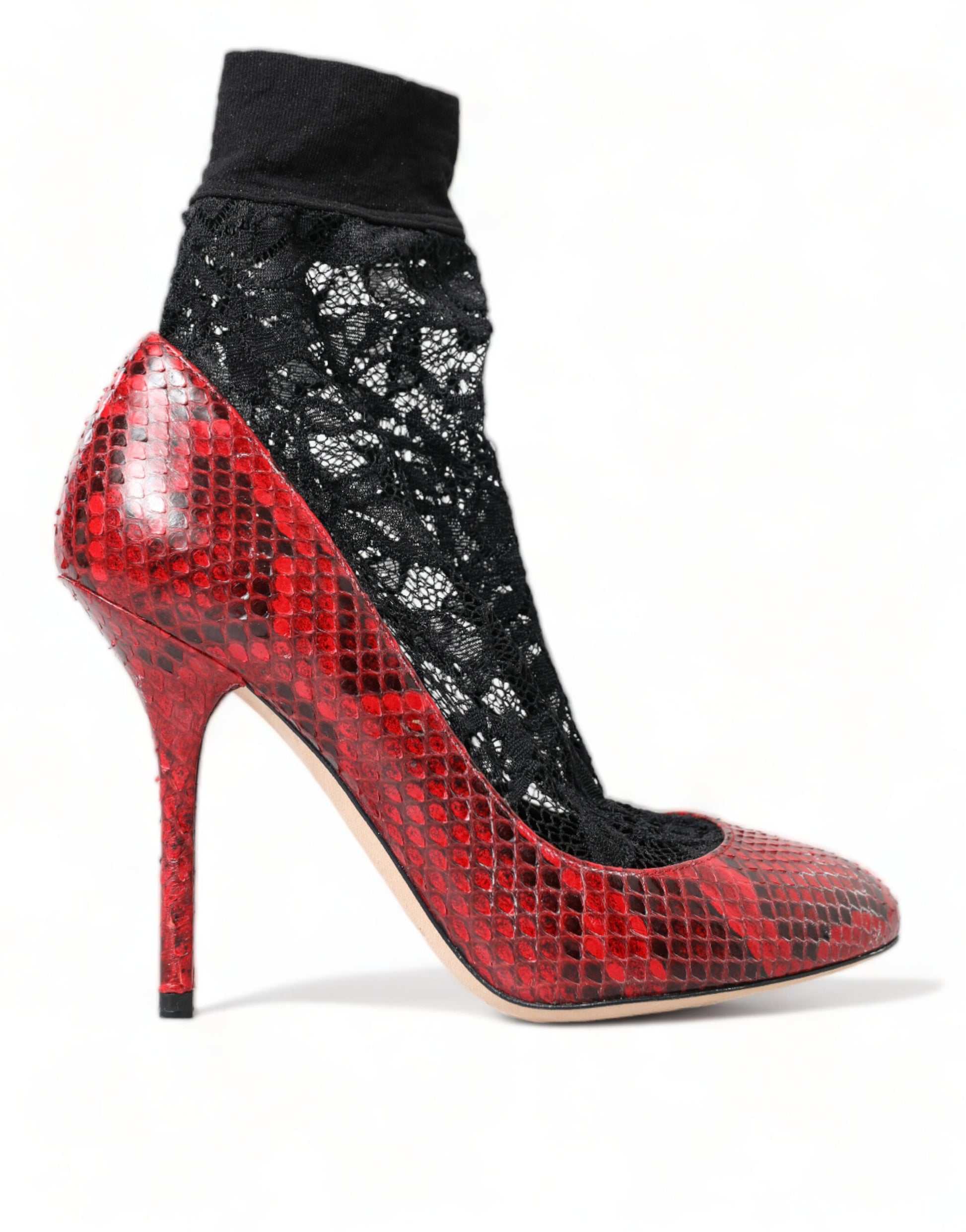 Red Almond Toe Snakeskin Pumps with Lace Socks