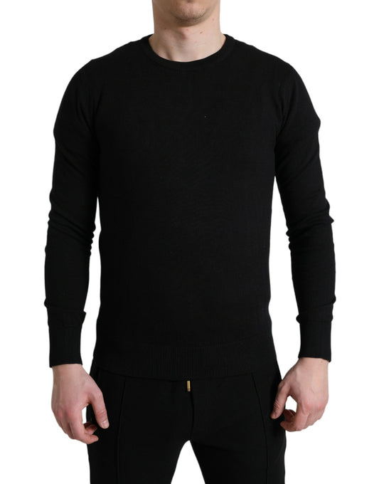 Elegant Black Cotton Crewneck Pullover Sweater