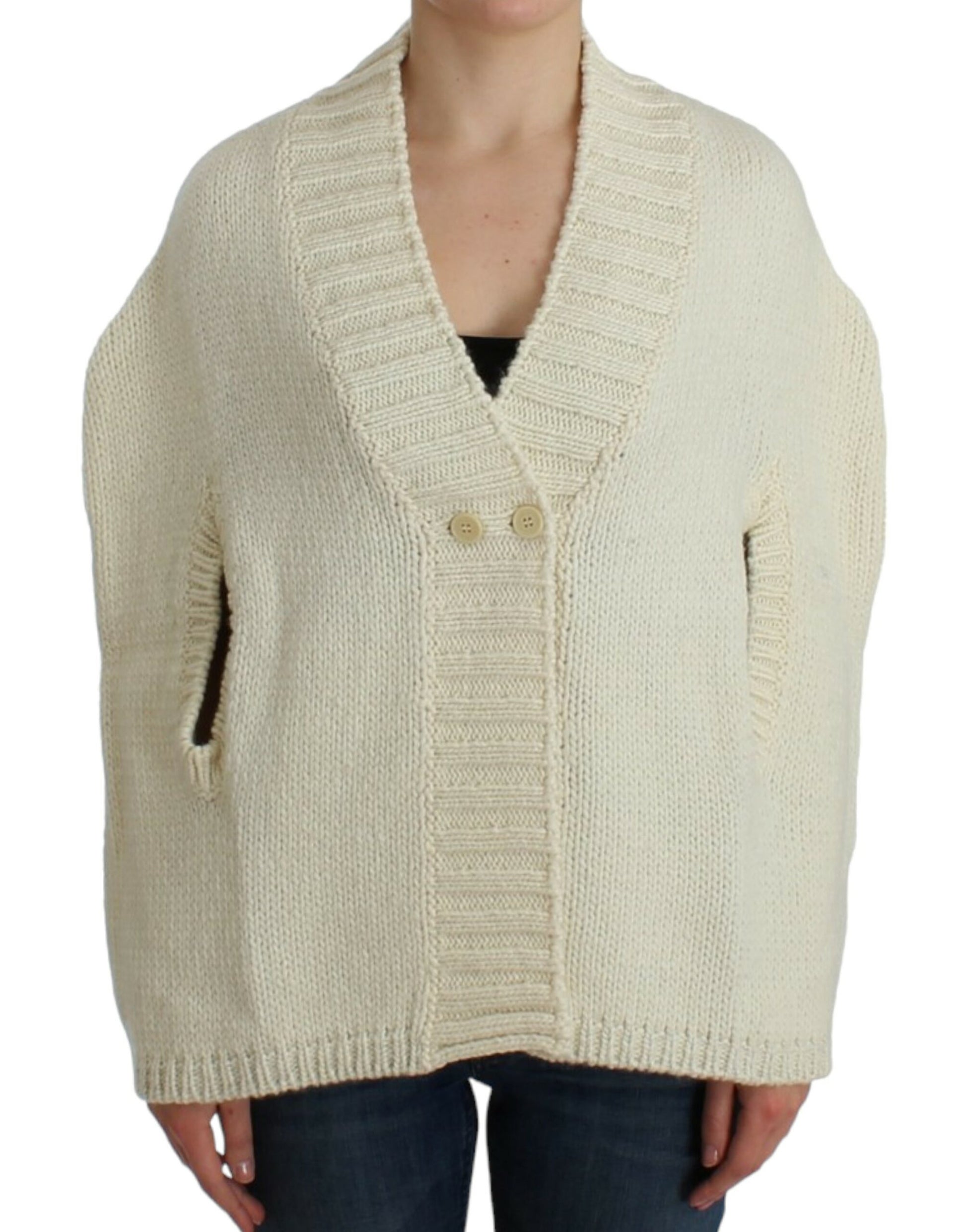 Elegant White Knitted Cape-Cardigan Hybrid