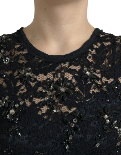 Exquisite Black Floral Lace Crystal Sheath Dress