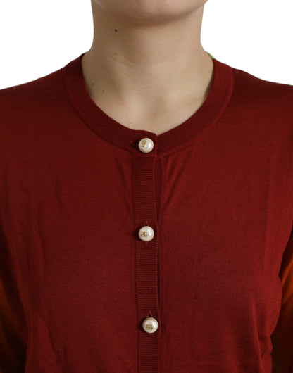 Silk Button Front Cardigan in Maroon Mix