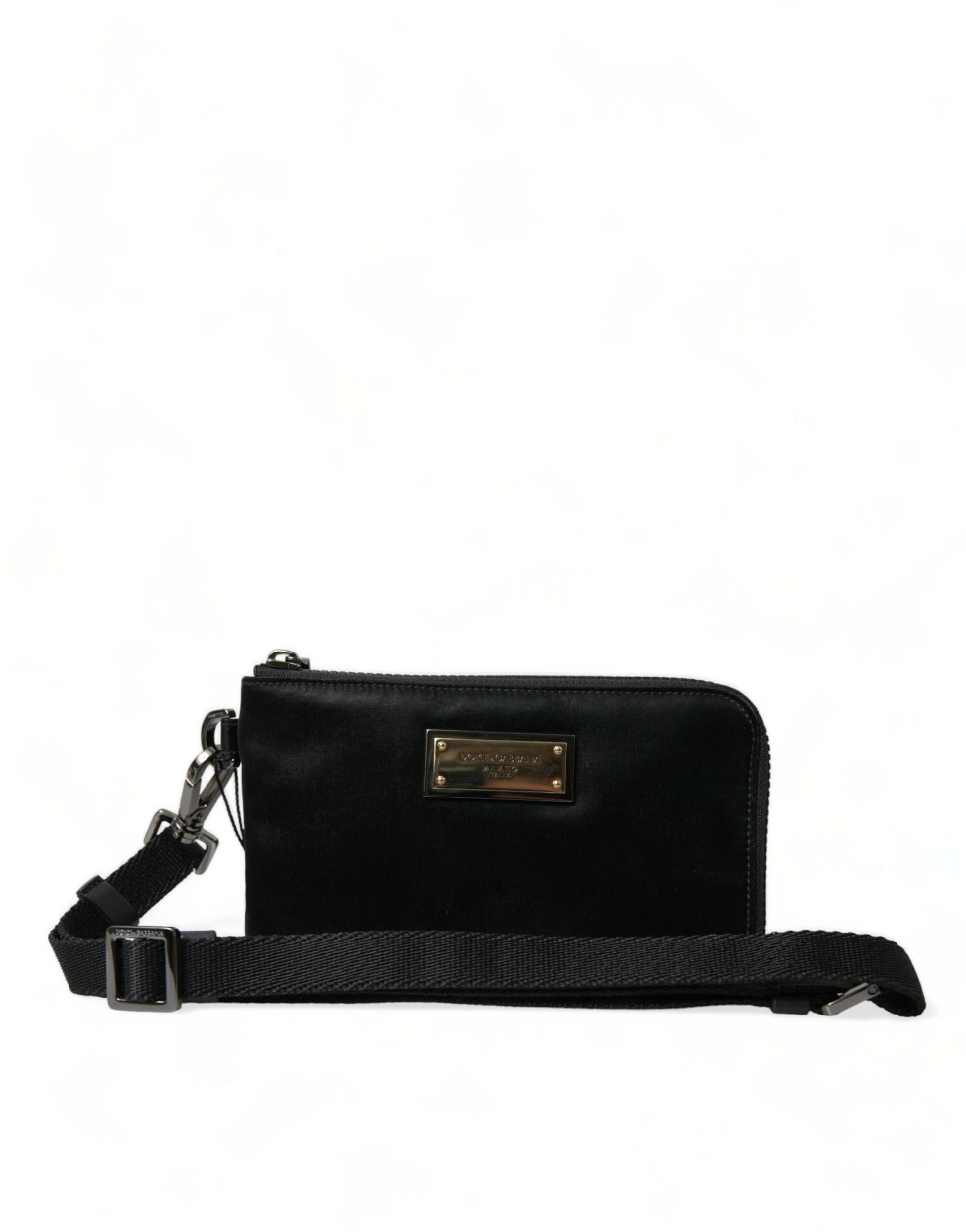 Elegant Black Nylon Leather Pouch with Silver Details