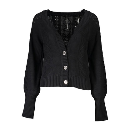 Elegant Long Sleeve Black Cardigan with Contrast Details