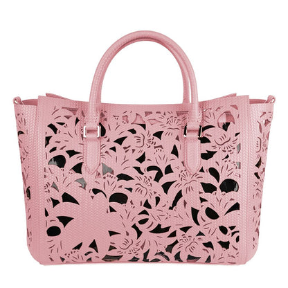 Chic Pink Calfskin Handbag with Floral Accents