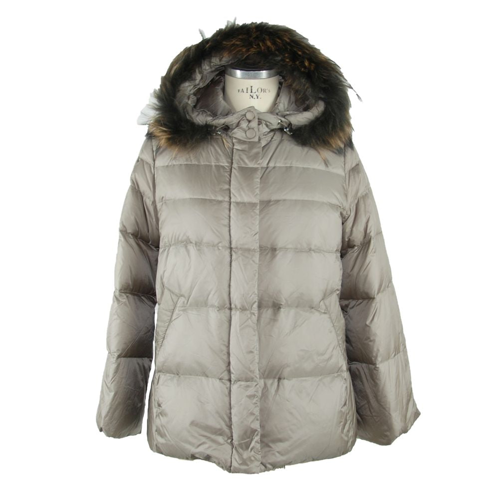 Elegant Gray Polyamide Fur-Trimmed Coat