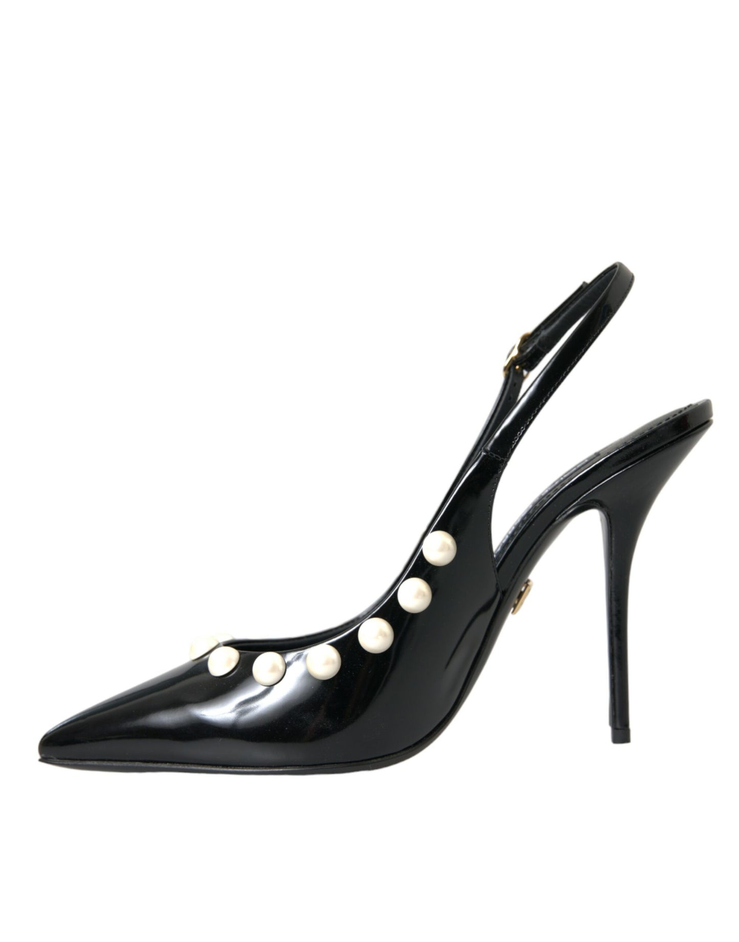 Black Leather Faux Pearl Heel Slingback Shoes