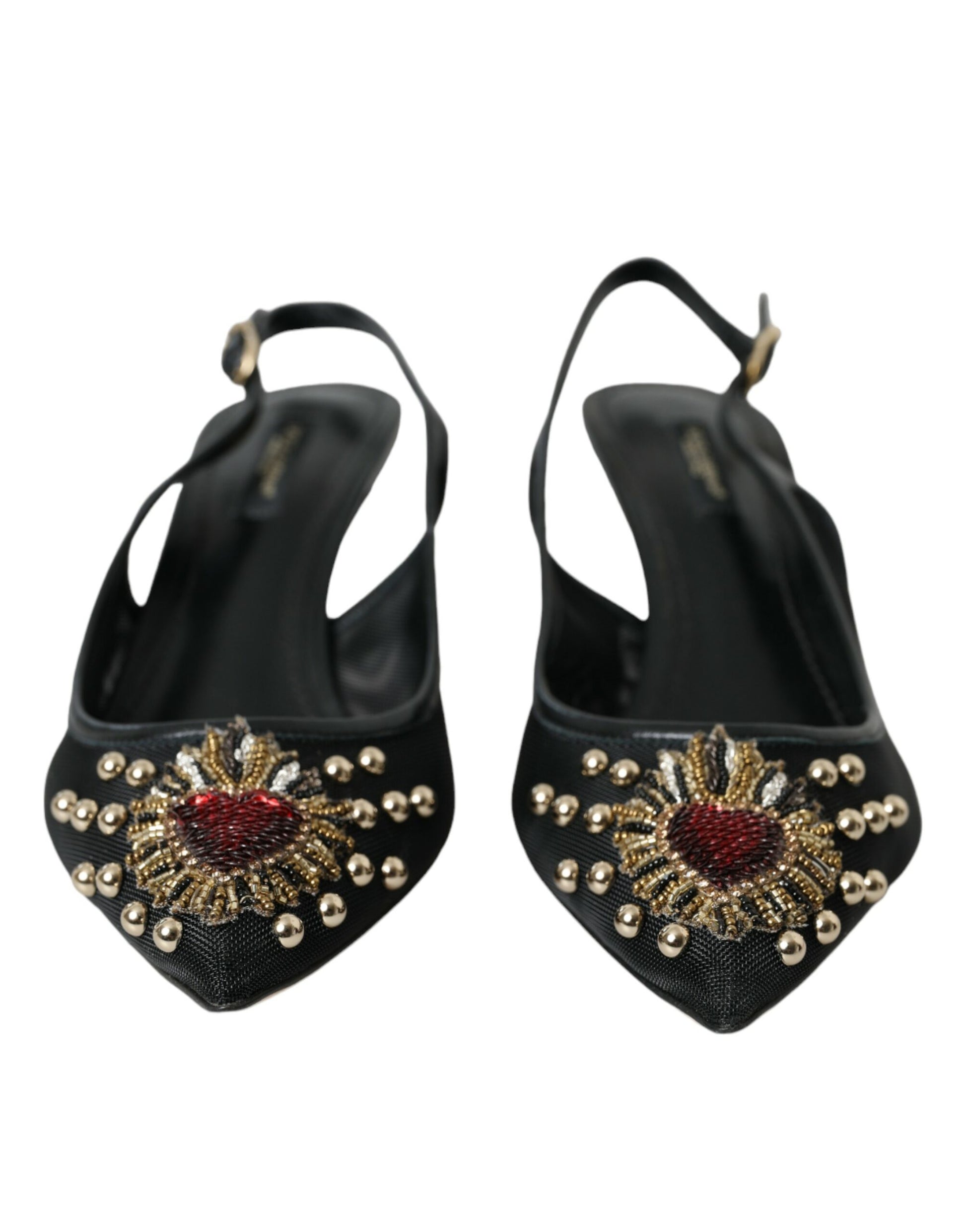 Black Mesh Embellished Heel Slingbacks Shoes