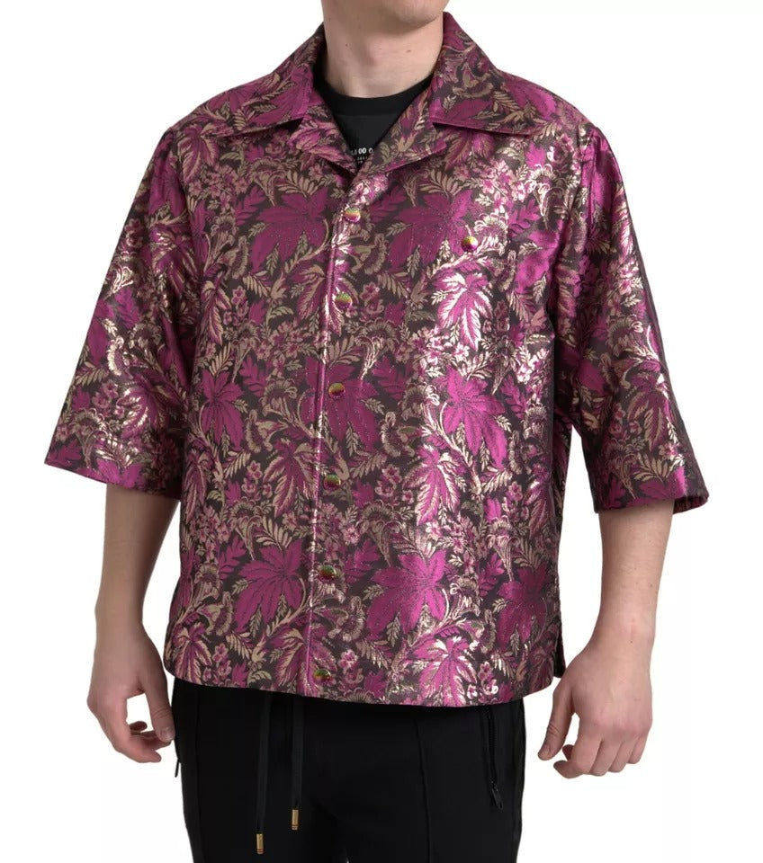 Fuchsia Pink Floral Jacquard Button Down Shirt