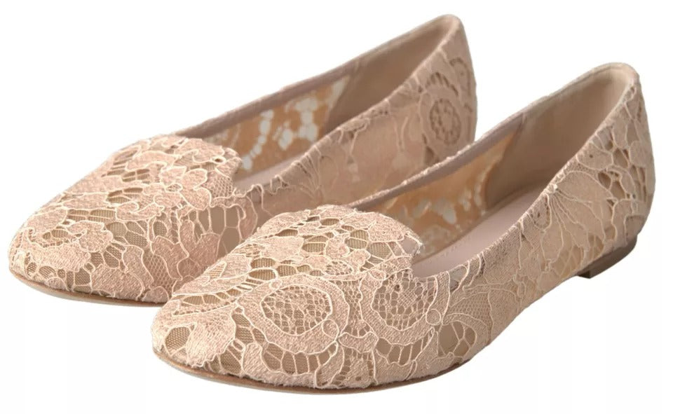 Beige Floral Lace Loafers Flats Shoes