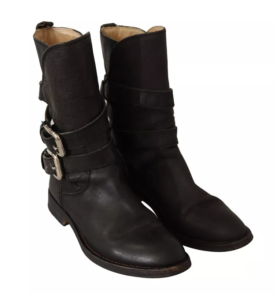 Black Leather Buckle Mid Calf Boots Shoes