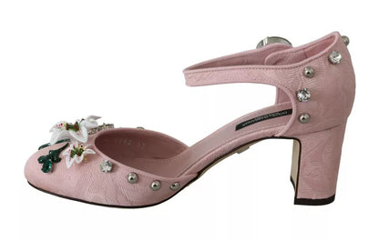 Pink Brocade Crystal Lily Ankle Strap Shoes