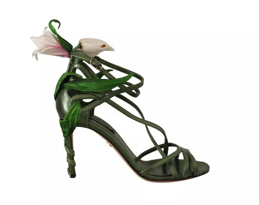 Acid Green Leather Strappy Flower Heels Sandals Shoes